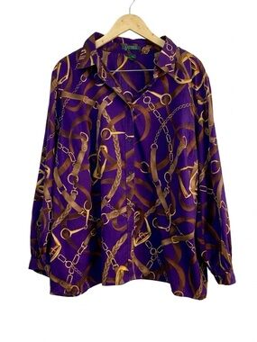 Lauren Ralph Lauren 3X Purple Equestrian Chain Print Cotton Blouse Snaffle Bit